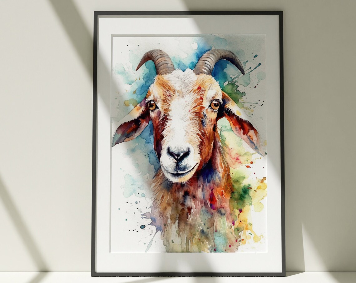 Friendly Goat Portrait Colorful Watercolor Farm Animal Poster