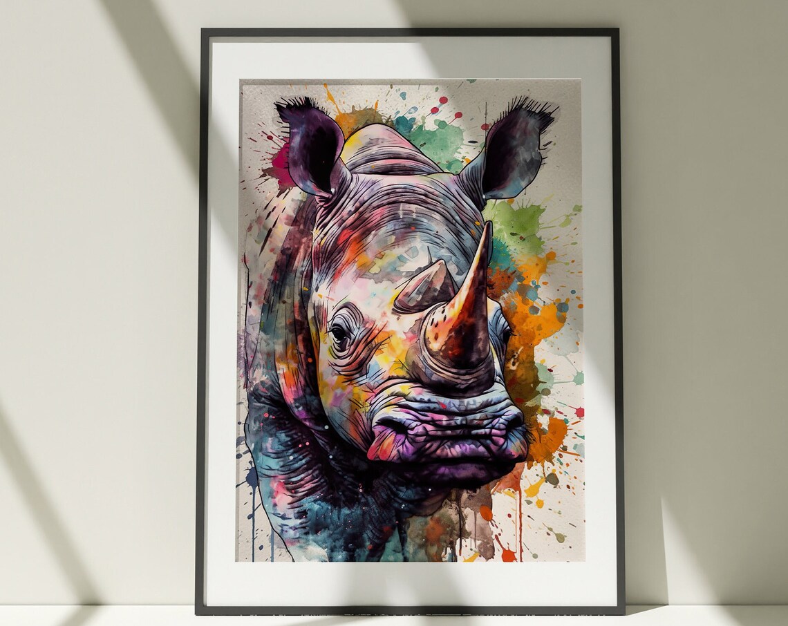 Vibrant Rhino Watercolor Portrait Purple Orange Wildlife Art Poster