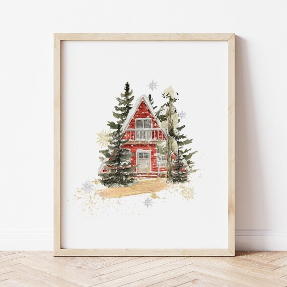 Red Christmas Cabin Winter Holiday Snowy Forest Watercolor Poster