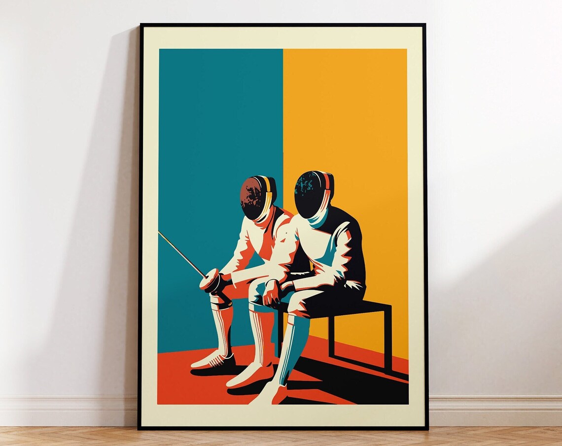 Fencing Pop Art Print, Bold Yellow Blue Fencers