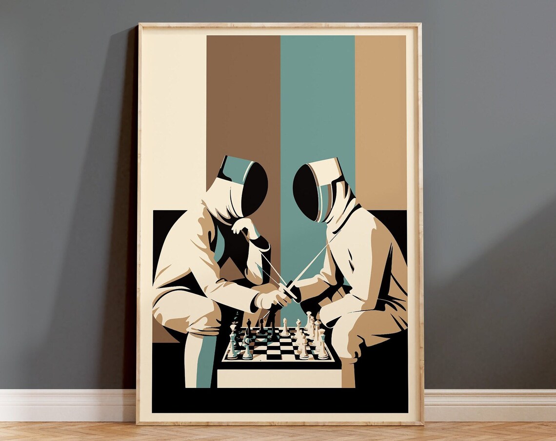 Fencers In Masks Playing Chess, Quirky Wall Art