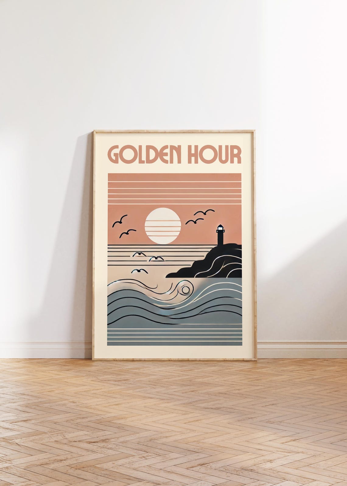 Golden Hour Retro Lighthouse Sunset Ocean Illustration Poster