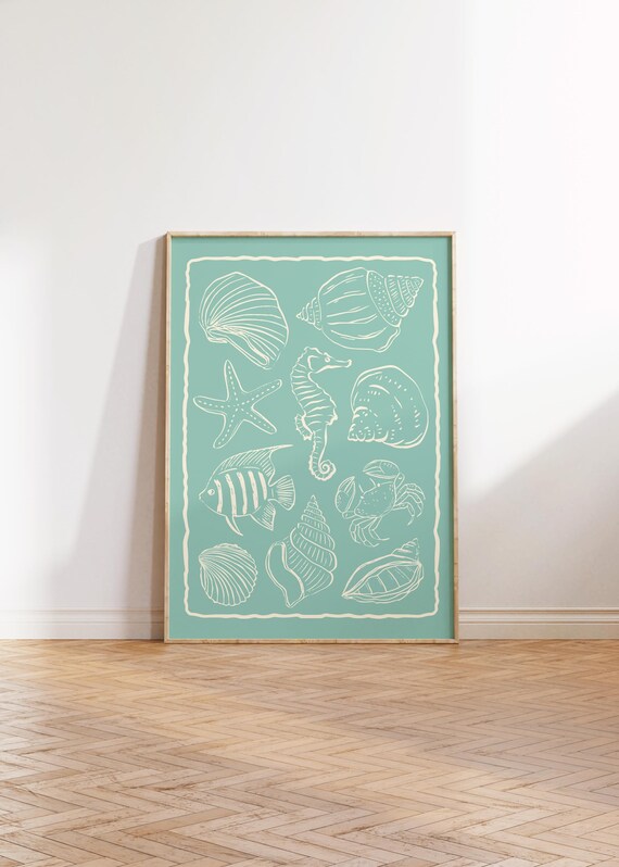 Teal Seashell and Sea Creature Line Art Coastal Beach Wall Poster