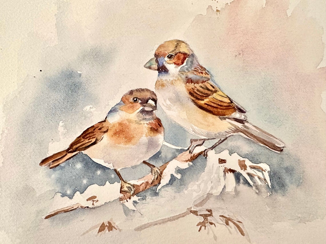 Two Sparrows Resting on Snowy Branch Winter Watercolor Painting Poster