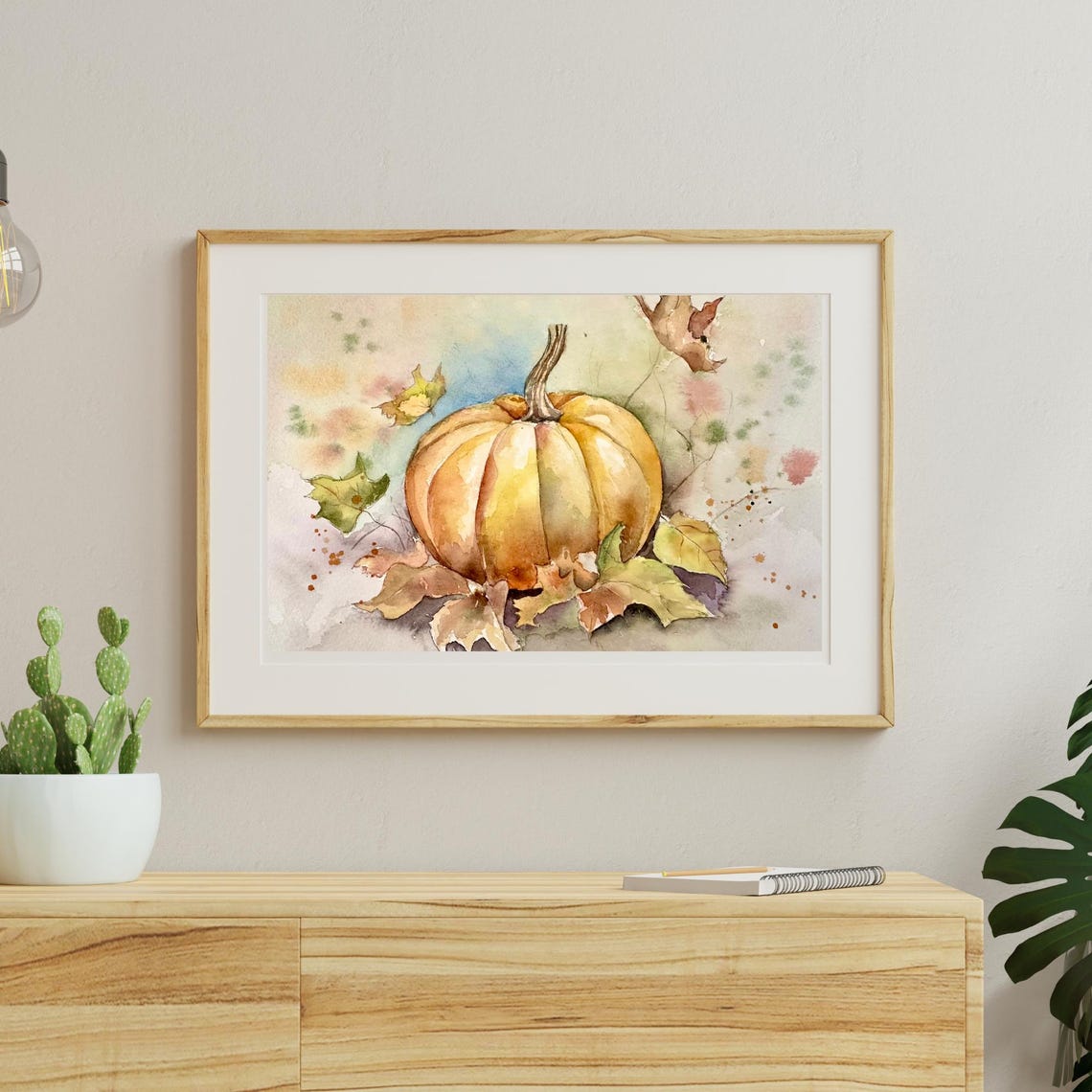 Golden Harvest Pumpkin with Falling Autumn Leaves Watercolor Poster - Image 6