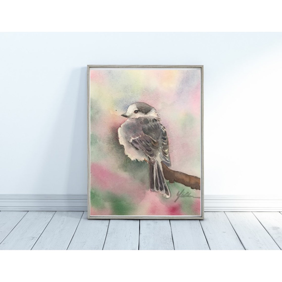 Sweet Gray Songbird on Pastel Spring Branch Watercolor Art Poster