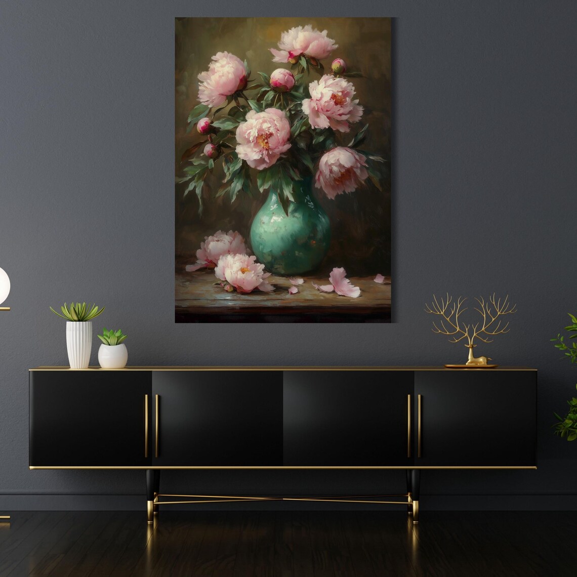 Pink Peonies in Teal Vase Moody Floral Still Life Oil Painting Poster - Image 2