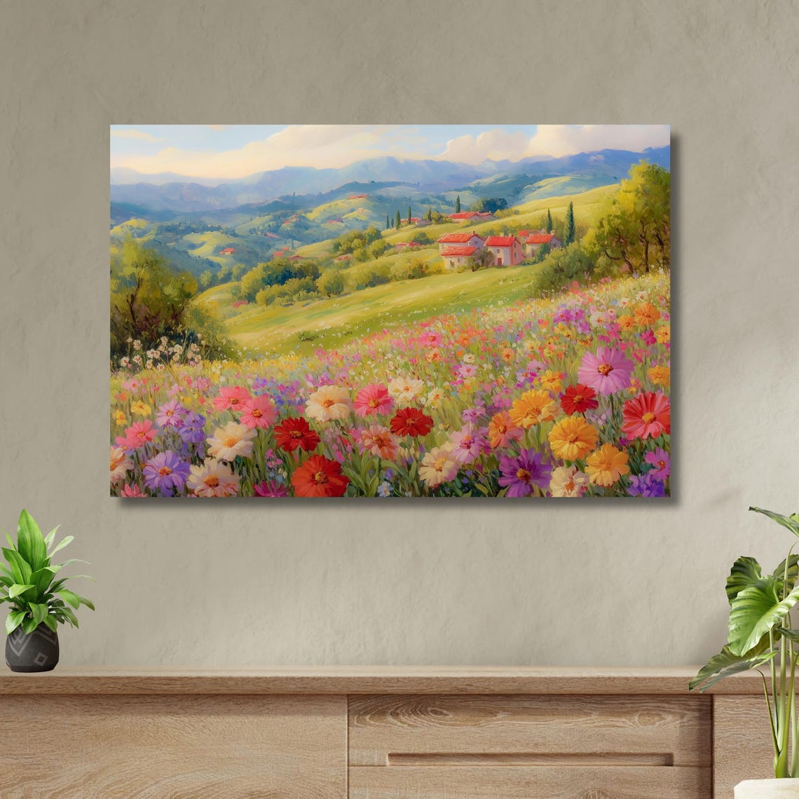 Tuscan Hillside Village Wildflower Meadow Oil Painting Poster - Image 2