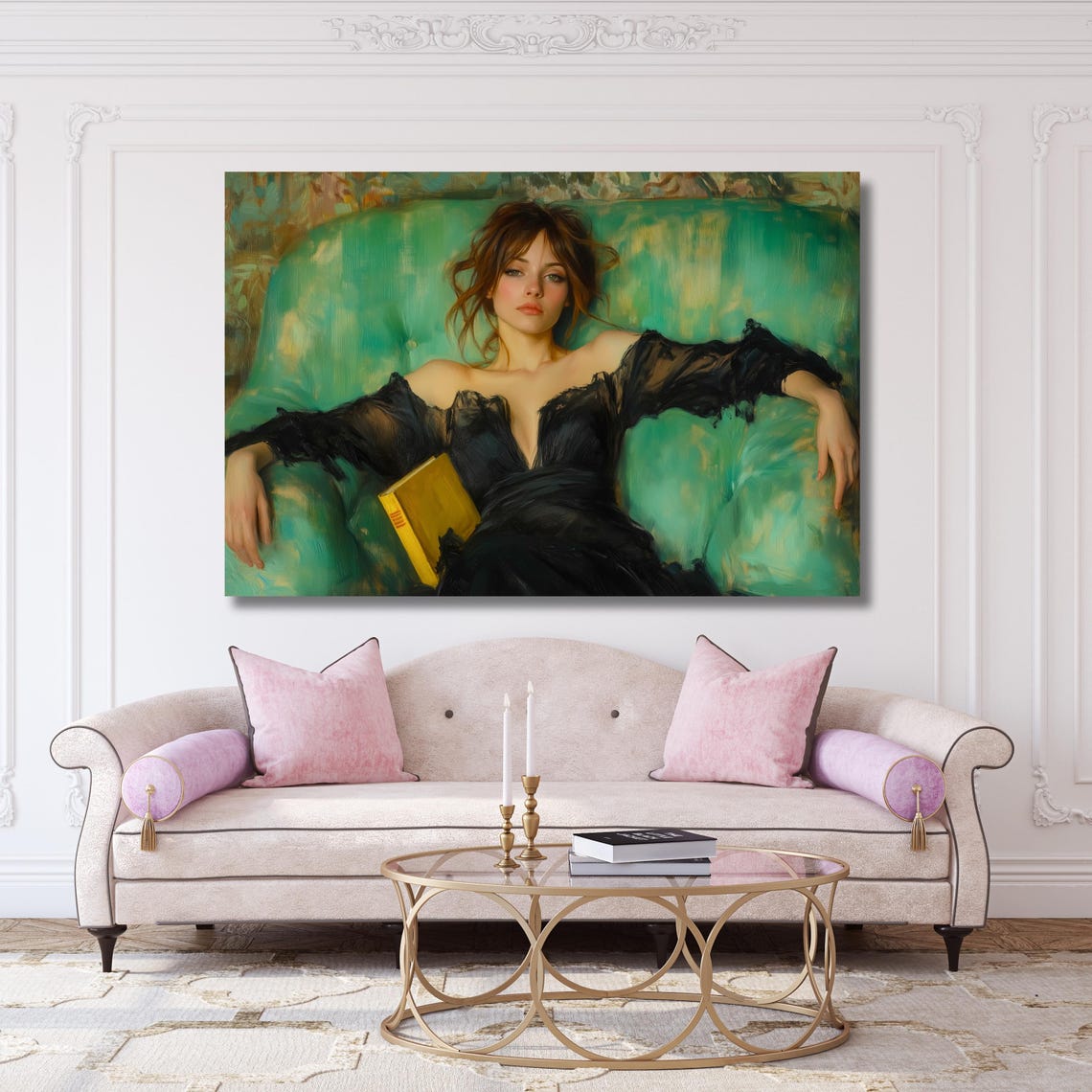 Woman Reclining on Teal Sofa with Book Impressionist Wall Art - Image 4