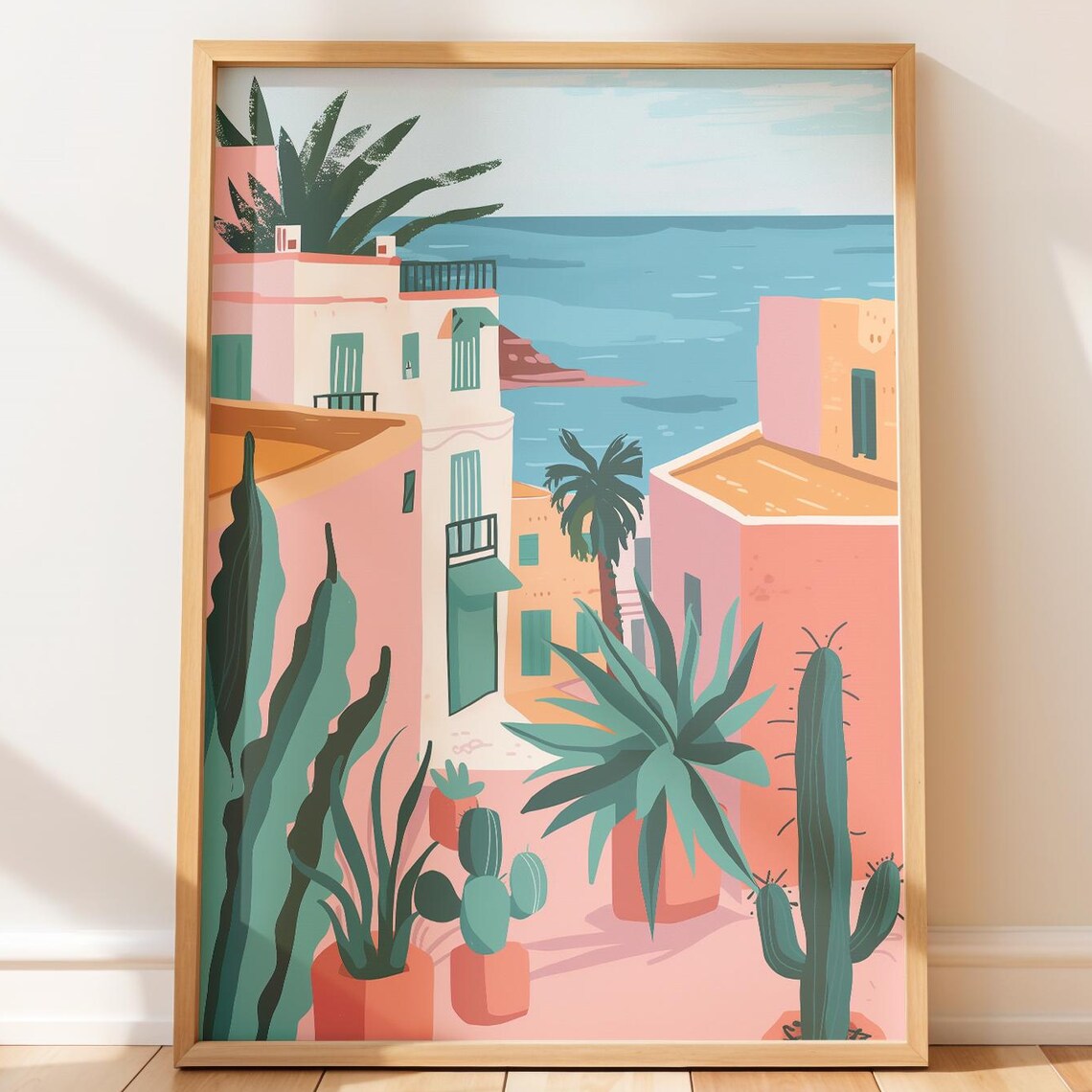 Mediterranean Seaside Town Pink Houses Pastel Coast Scene Poster