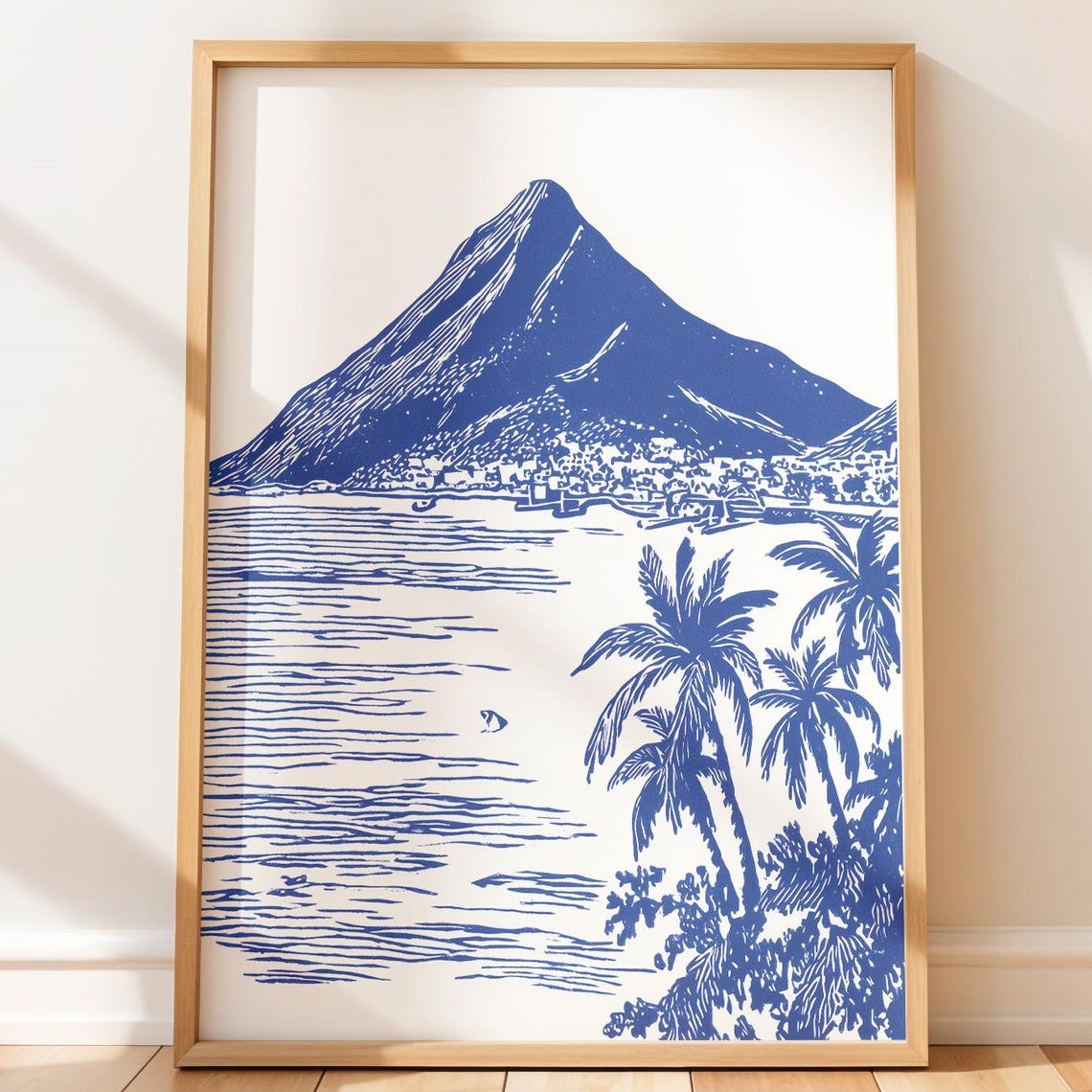 Volcanic Island Blue Line Art Palm Trees Ocean Mountain Poster