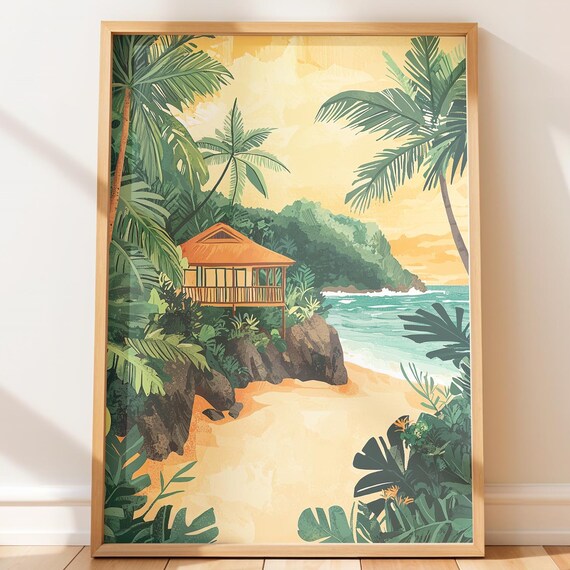 Tropical Beach Hut Rocky Cove Palm Trees Vintage Island Art Poster