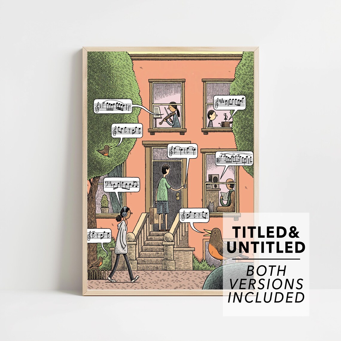 City Apartment Music Neighbors Whimsical Illustration Wall Poster