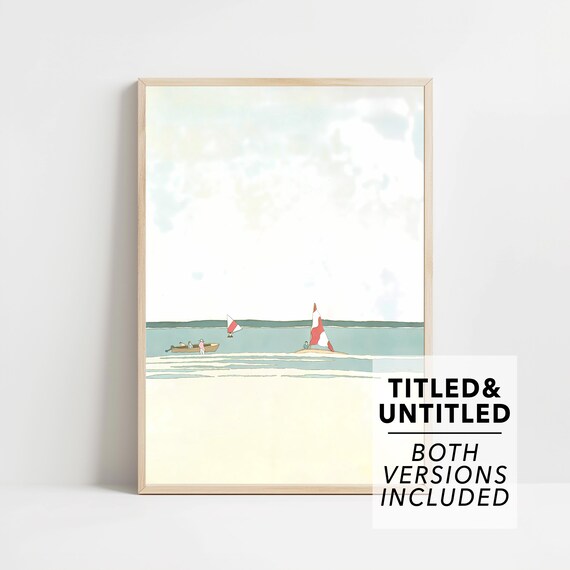 New Yorker Style Minimalist Beach with Red Sailboats and Rowboat Poster