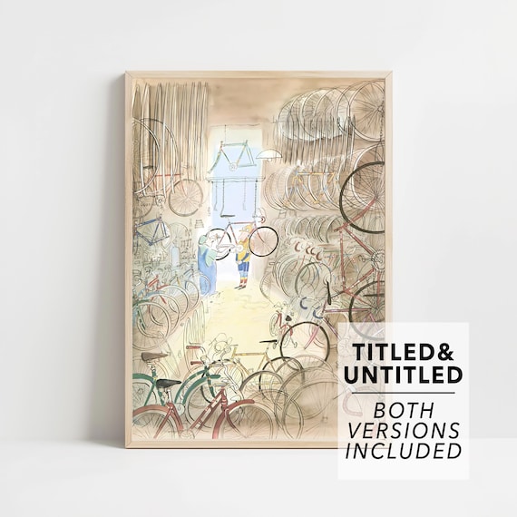 Bicycle Repair Shop Interior Sketch with Dozens of Bikes and Wheels Poster
