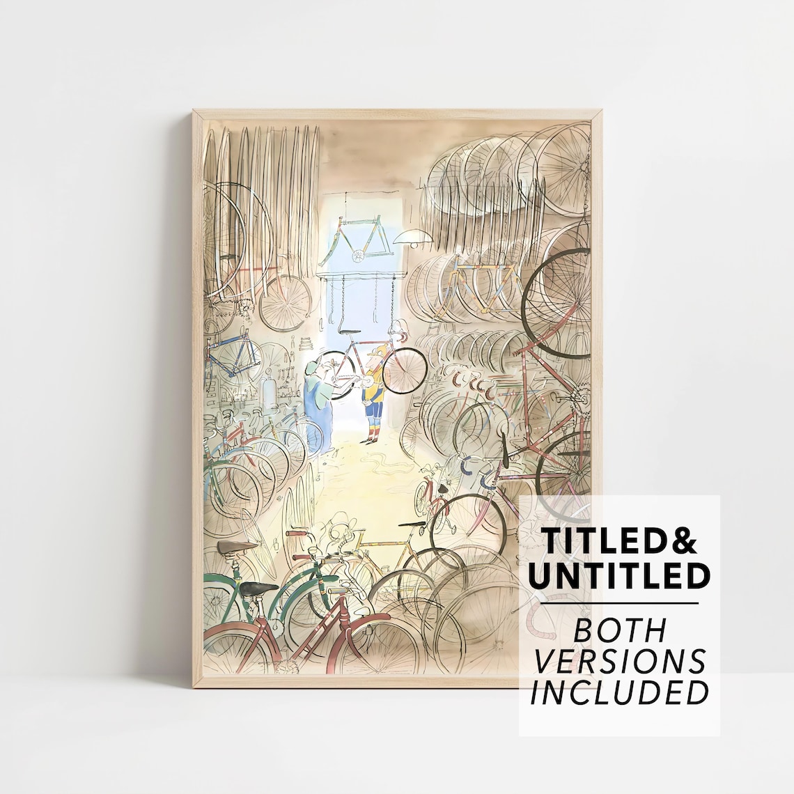 Bicycle Repair Shop Interior Sketch with Dozens of Bikes and Wheels Poster