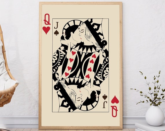 Queen Of Hearts Art Print Retro Playing Card Poster Digital Download