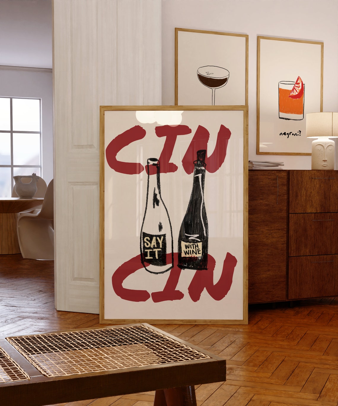 Cin Cin Wine Vintage Bar Cart Art Print