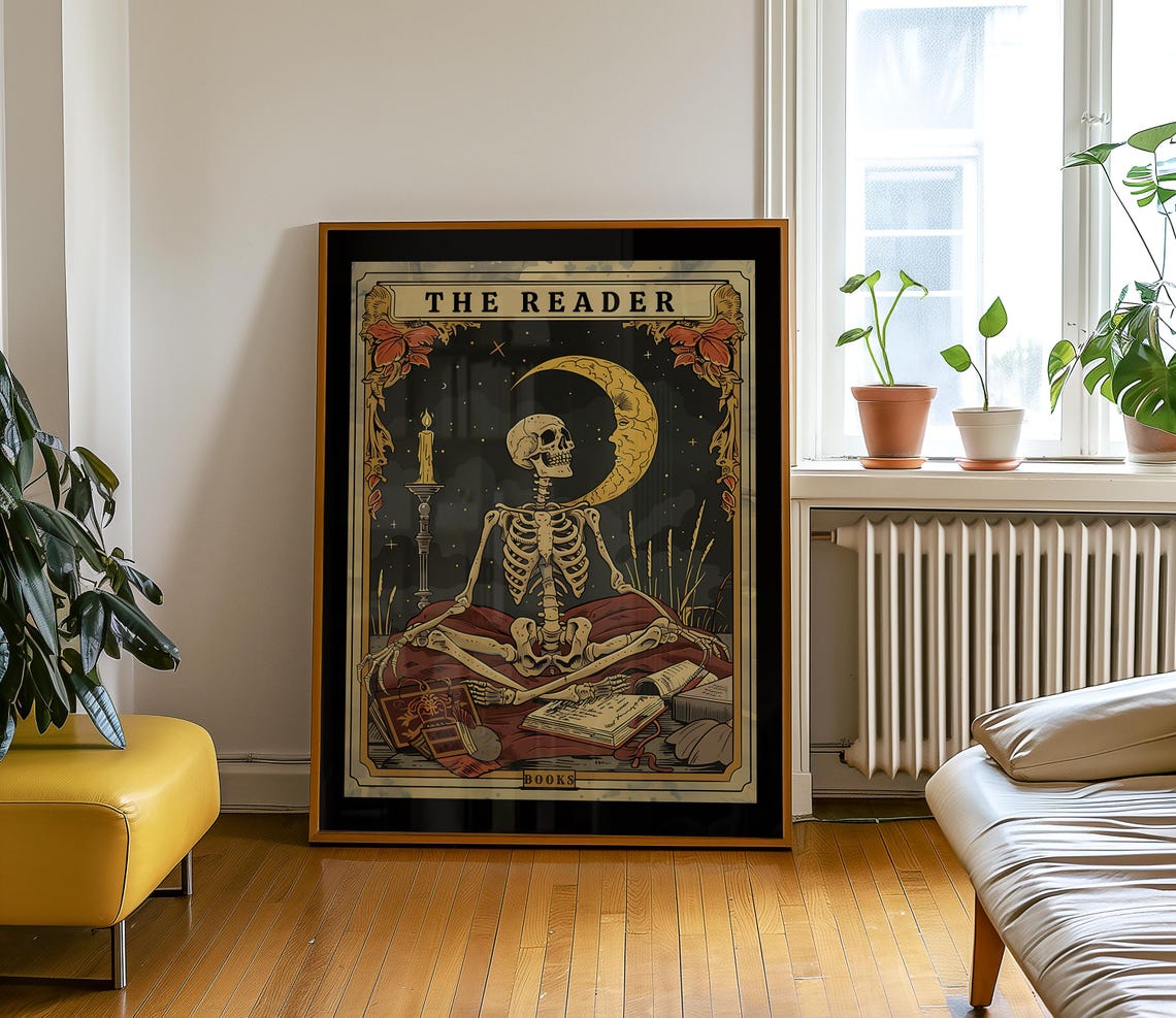 The Reader Tarot Print Skeleton Card Wall Art Book Lover Gift Witchy Reading Nook Bookish Library Decor - Image 2