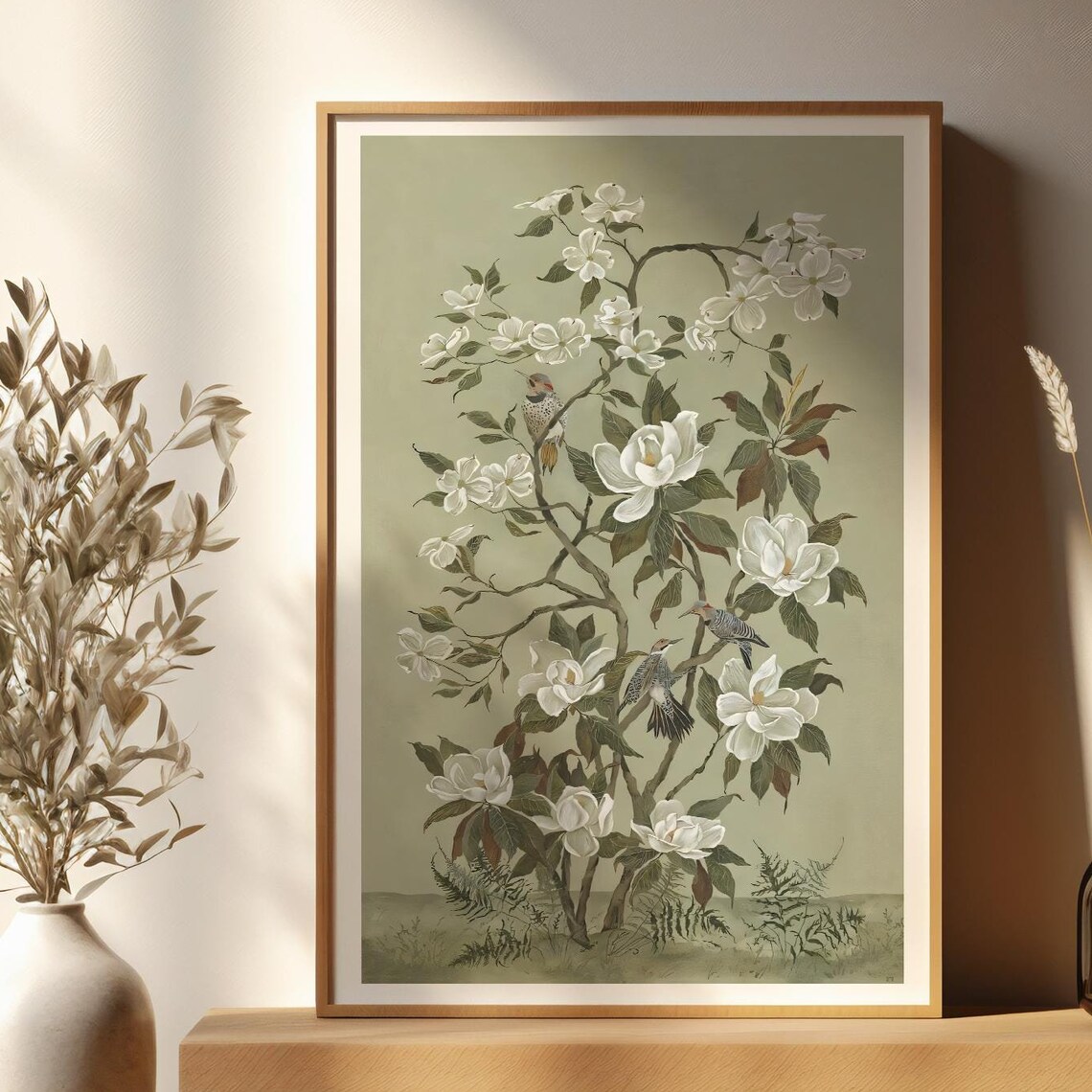 Sage Green Chinoiserie White Magnolia Tree with Birds Art Poster - Image 2