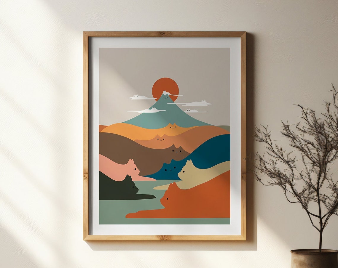 Cat Mountain Abstract Colorful Feline Landscape Poster Decor