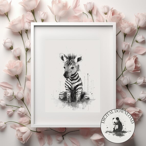 Baby Zebra In The Rain Cute Illustration Infant Nursary Decor Ink Drawing Art