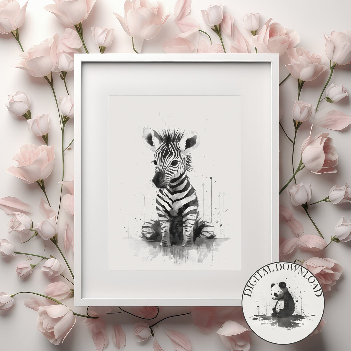 Baby Zebra In The Rain Cute Illustration Infant Nursary Decor Ink Drawing Art
