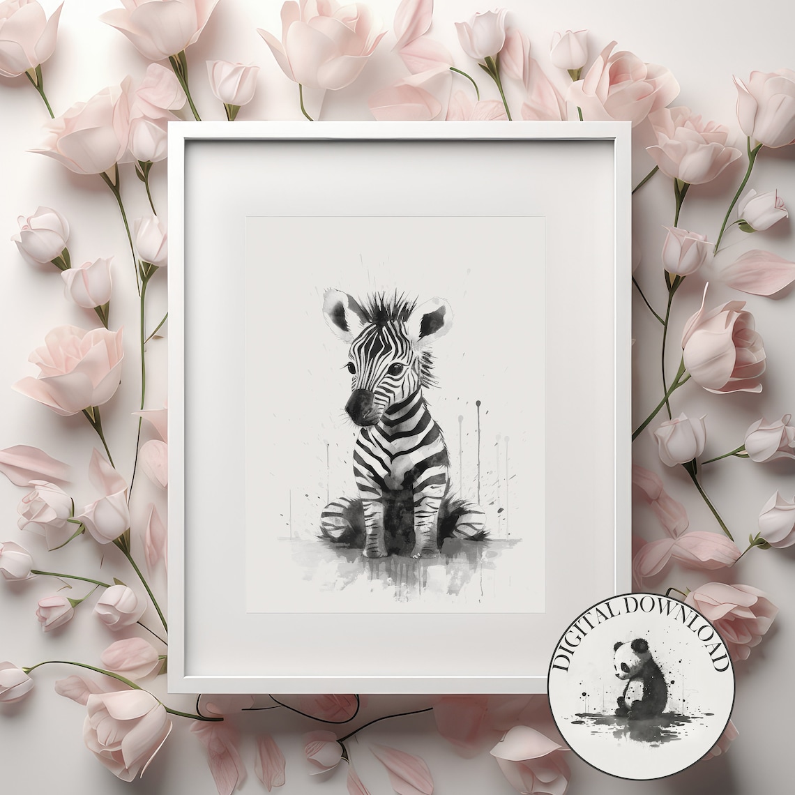 Cute Baby Zebra Foal Ink Splash Black And White Nursery Decor Poster