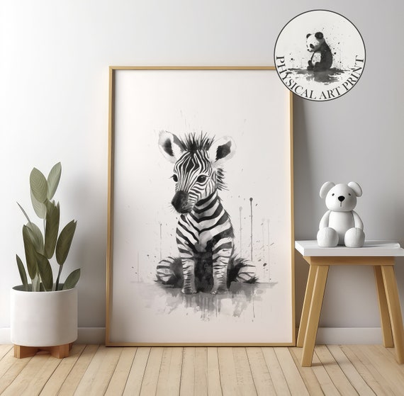 Baby Zebra In The Rain Physical Print Animal Illustration Nursery Wall Decor Infant Nursary Art Ink Drawing