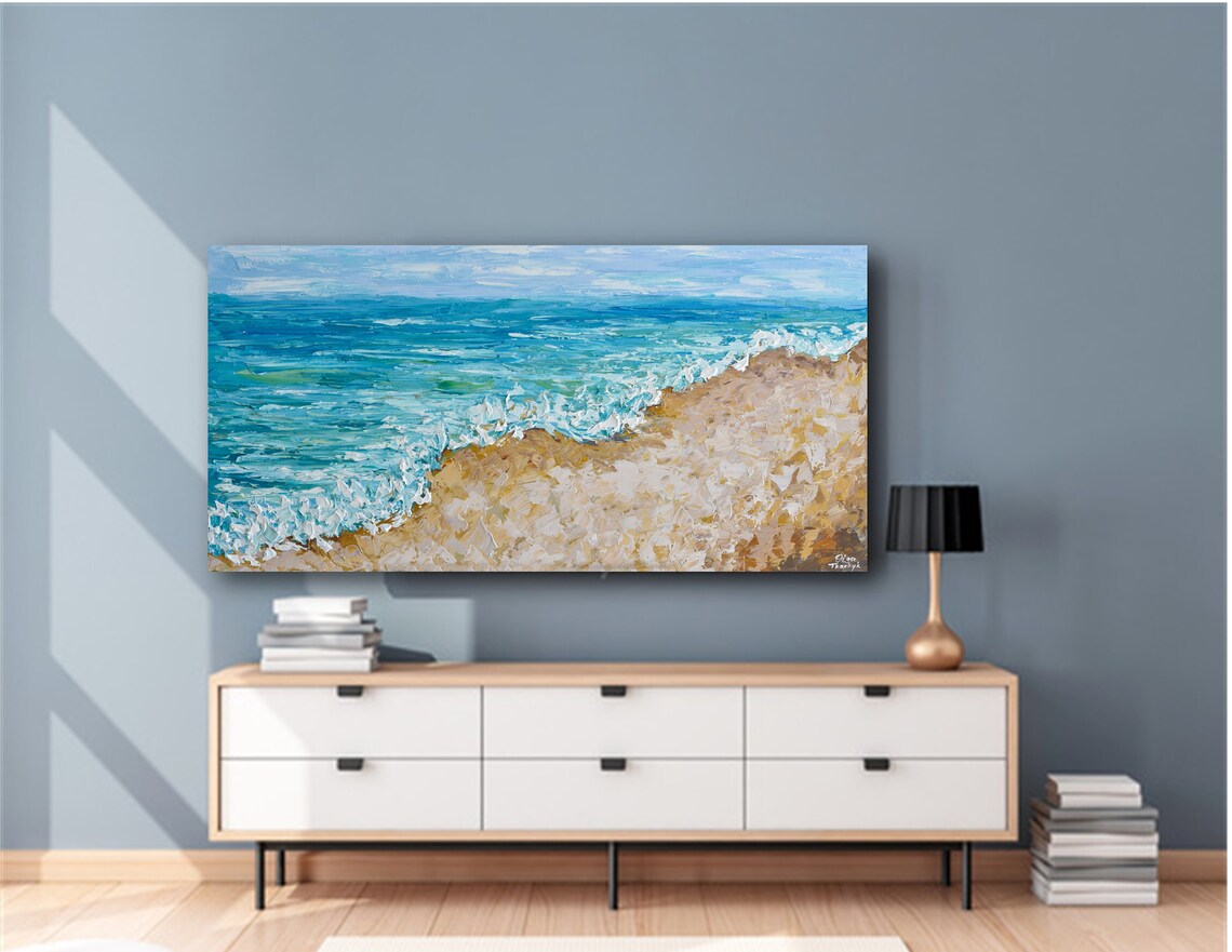 Panoramic Ocean Waves Painting Turquoise Water Golden Sand Coastal Poster - Image 2
