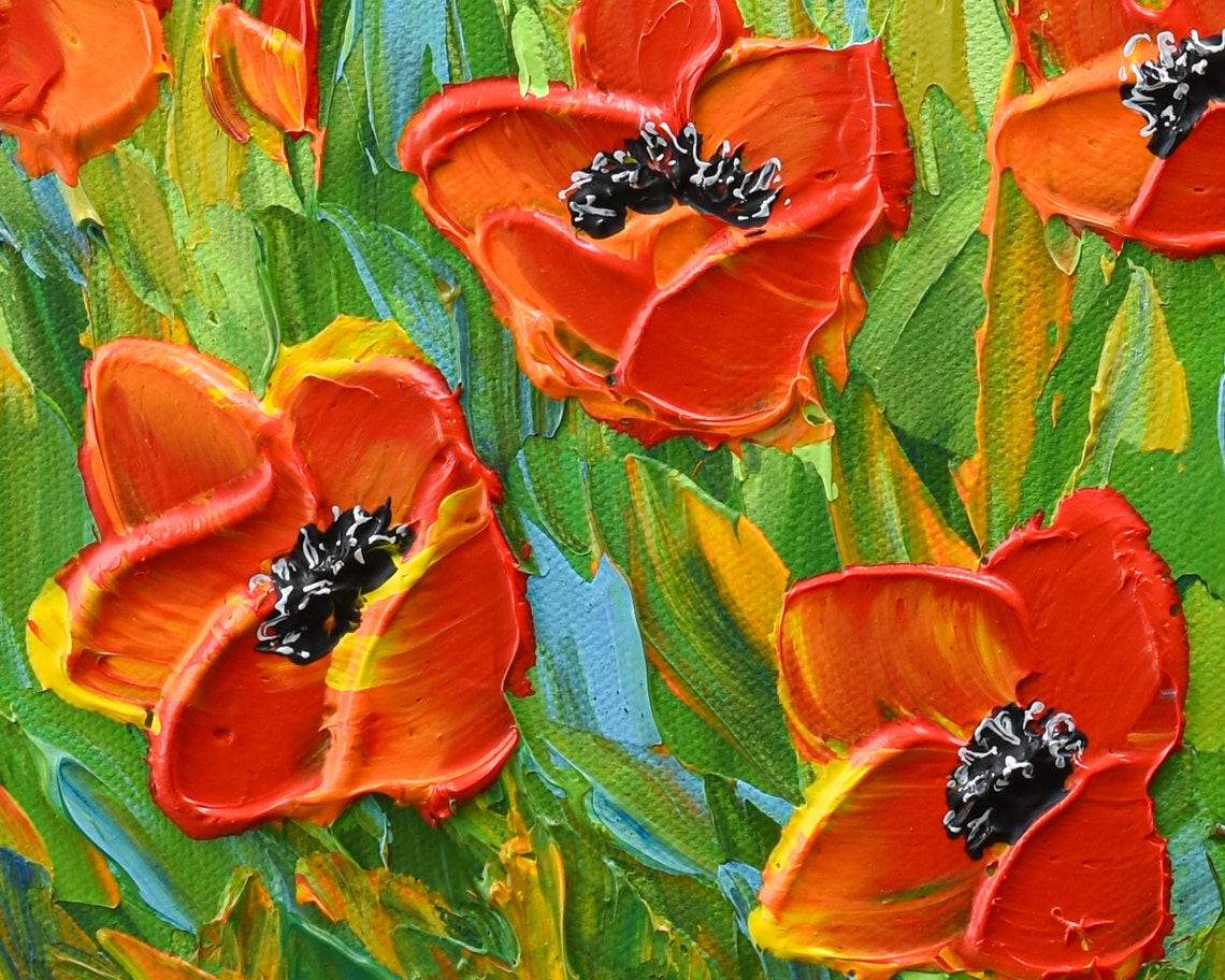 Red Poppy Meadow Green Grass Blue Sky Textured Impasto Art Poster - Image 2
