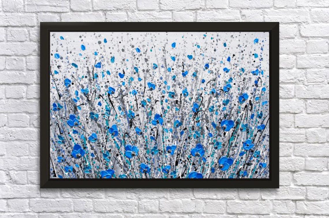 Blue Wildflower Field Gray Background Silver Meadow Impasto Art Print - Image 3