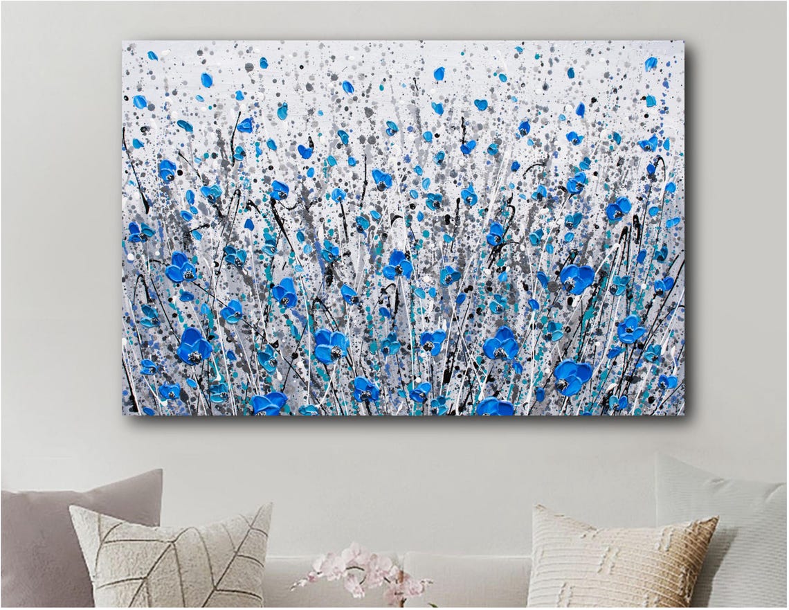 Blue Wildflower Field Gray Background Silver Meadow Impasto Art Print