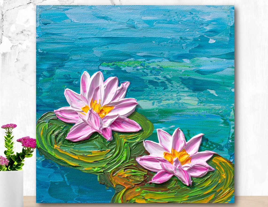 Pink Waterlilies Painting Pond Flowers Impasto Floral Wall Art Poster