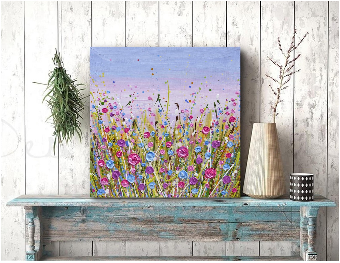 Lavender Sky Wildflower Field Painting Pink Purple Blooms Wall Poster
