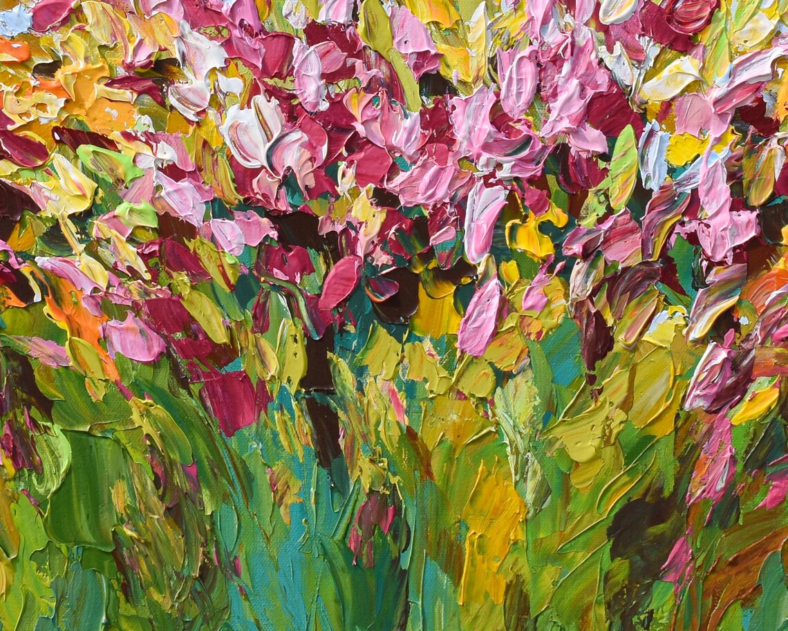 Abstract Flower Field Painting Yellow Pink Palette Knife Floral Poster - Image 2