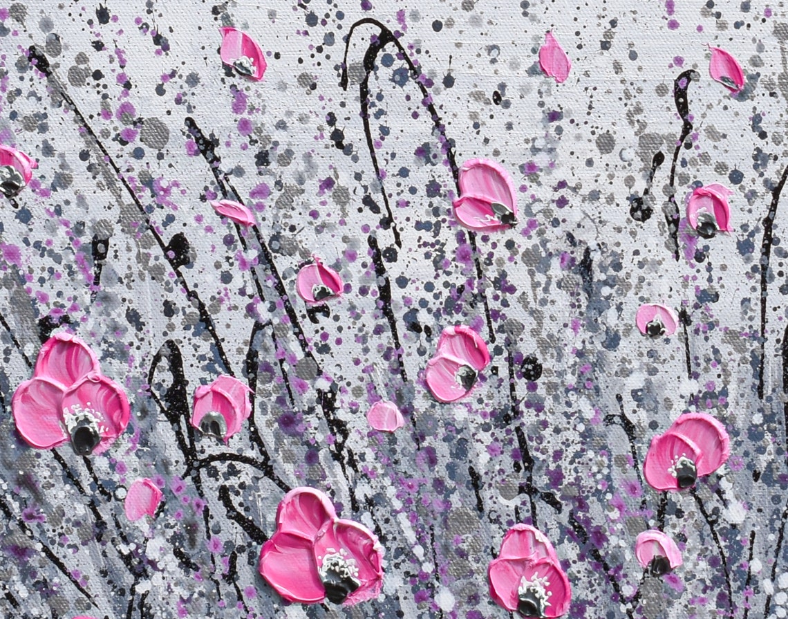 Pink Poppies Gray Silver Black Abstract Floral Splatter Art Poster - Image 3