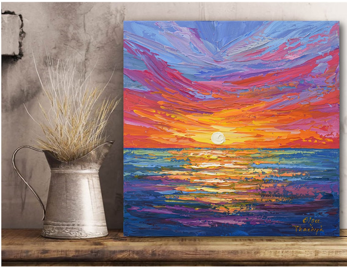 Vivid Sunset Over Ocean Waves Orange Pink Sky Impasto Seascape Art Print - Image 3