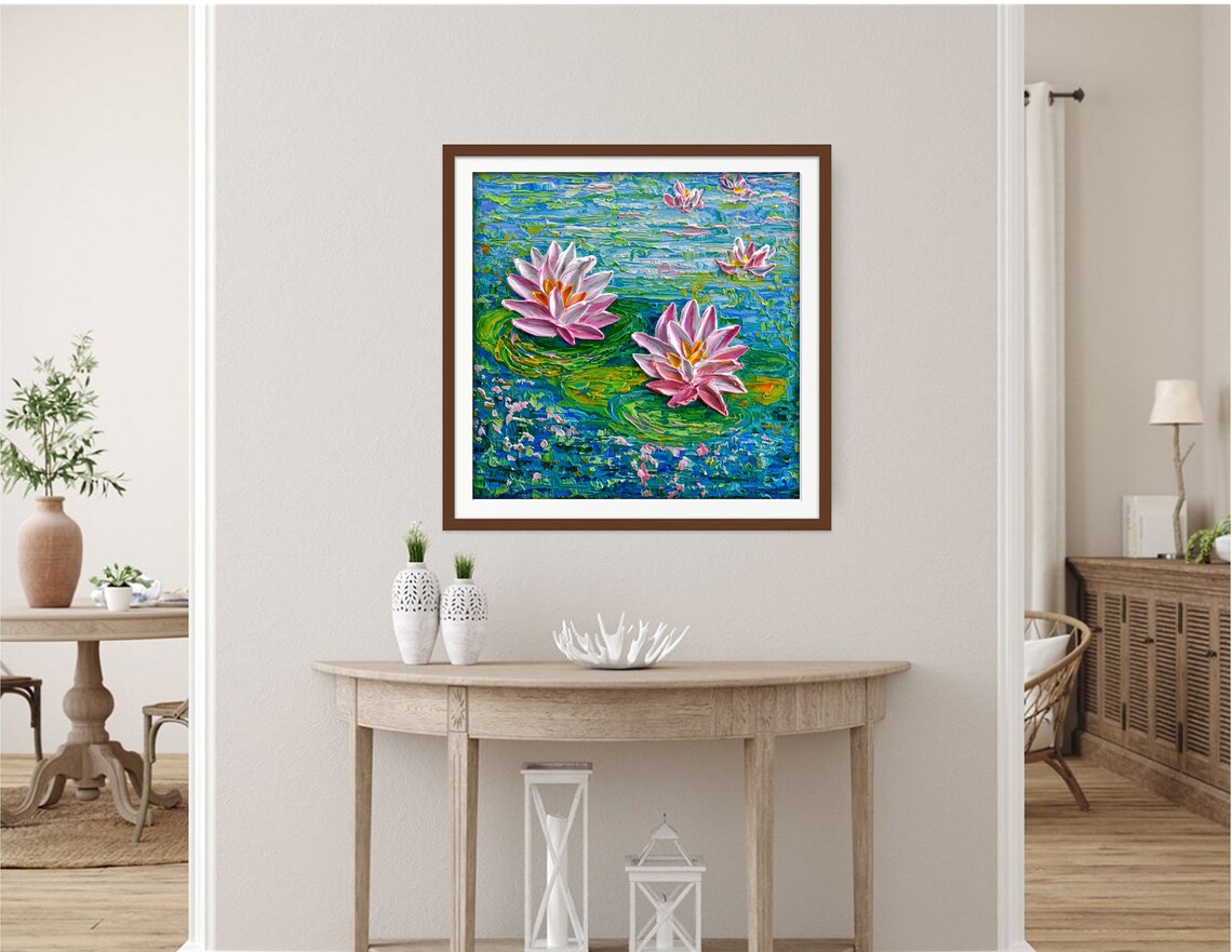 Pink Water Lilies, Impressionist Floral Art Print - Image 2