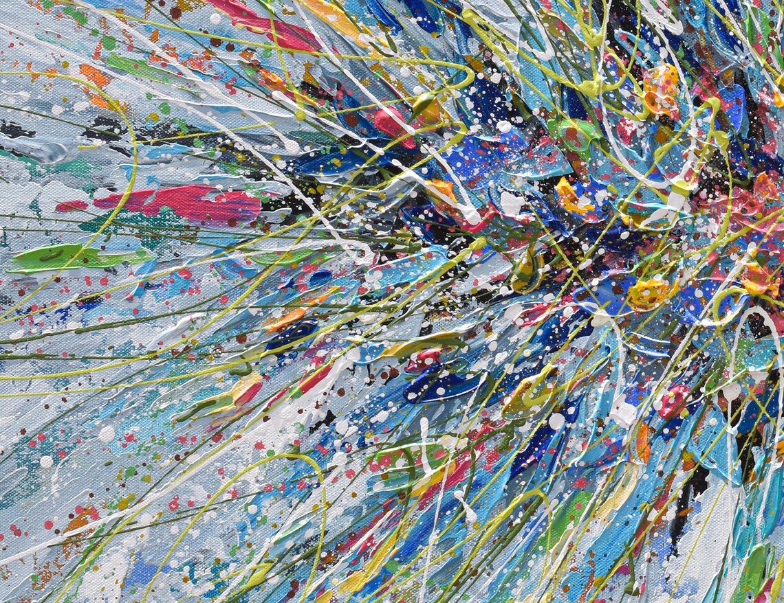 Colorful Abstract Floral Explosion Blue Pink Yellow Splatter Poster - Image 3
