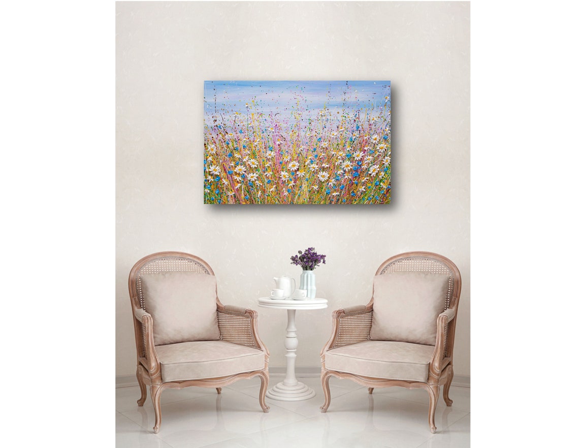 White Daisy Blue Wildflower Meadow Colorful Spring Impasto Art Print - Image 3