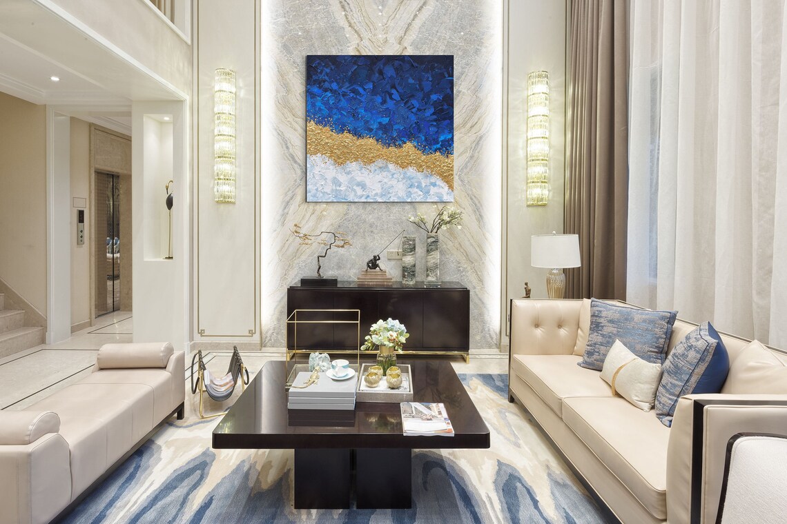 Navy Blue Gold Abstract Painting Original Palette Knife Artwork Large Textured Wall Art - Image 2