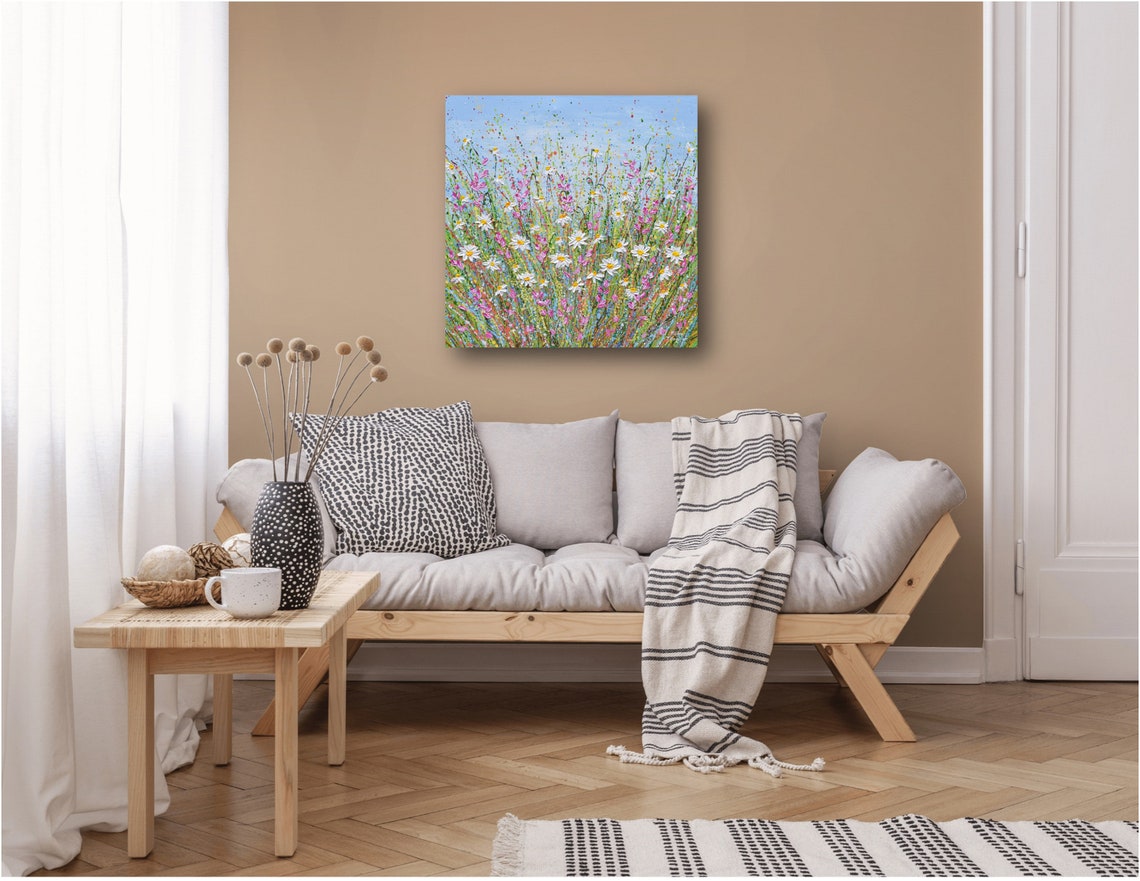 White Daisies Pink Wildflowers Spring Meadow Splatter Art Poster - Image 2