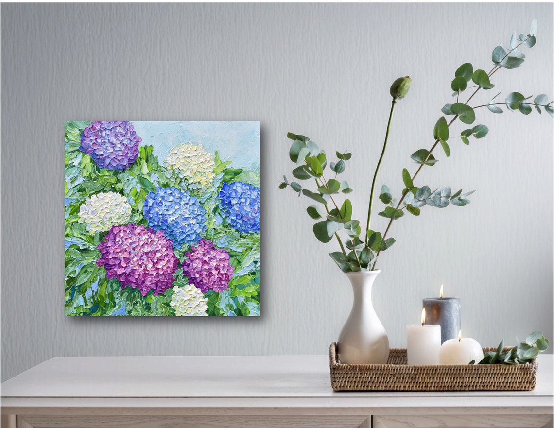 Hydrangea Art Print Blue Purple White Blooms Impasto Floral Poster - Image 2