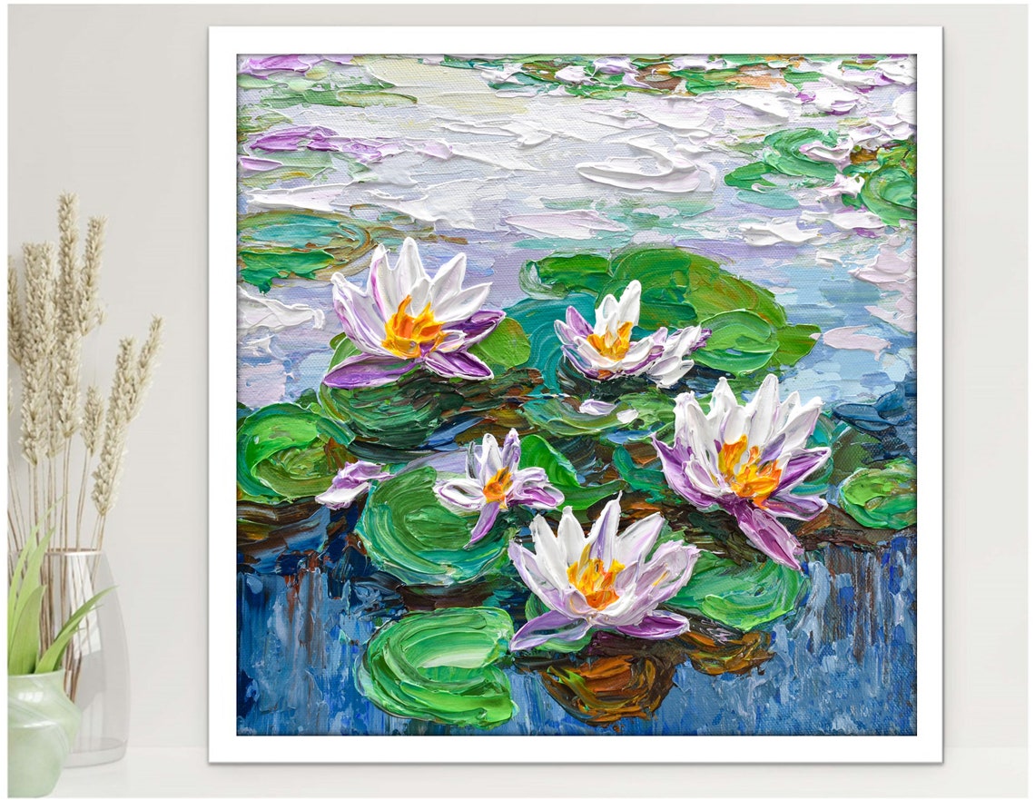 Water Lilies Print Of Impressionist Impasto Floral Painting Wall Art Dcor Gift For Her