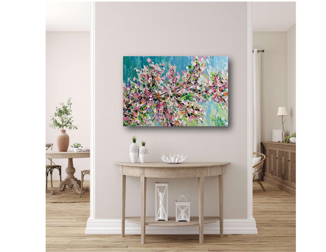 Pink Cherry Blossom Turquoise Branch Spring Panoramic Art Poster - Image 3