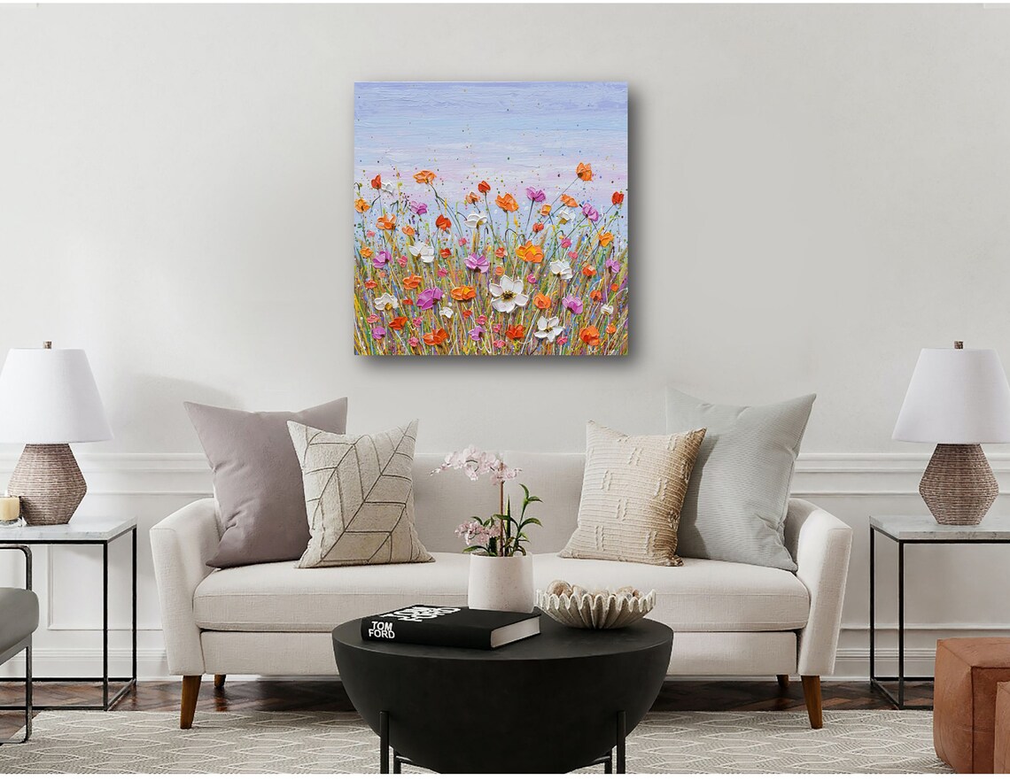 Pink Orange White Cosmos Wildflower Field Lavender Sky Art Poster - Image 3