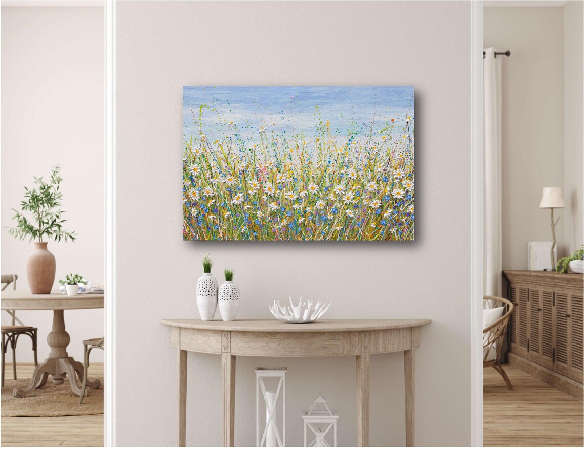 White Daisy Blue Flower Field Wide Summer Meadow Impasto Art Print - Image 2