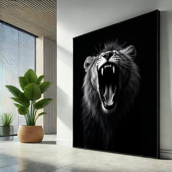 Roaring Lion Canvas Wall Art Print Black White Bold Animal Poster Powerful Jungle Home Decor Gift For Unique Lovers