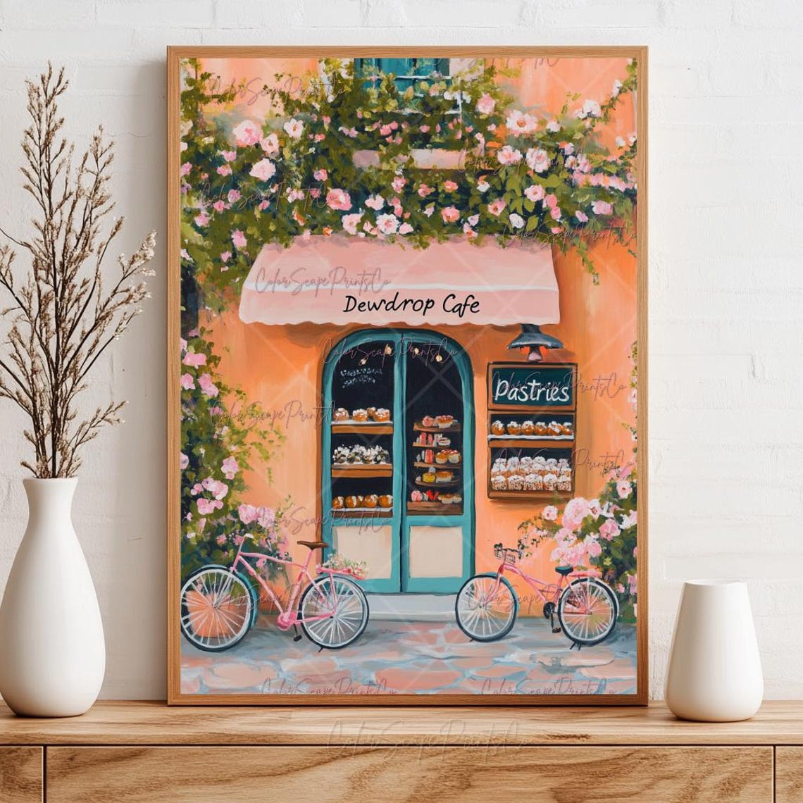 Dewdrop Cafe Pink Pastry Shop Poster Parisian Bakery Wall Decor